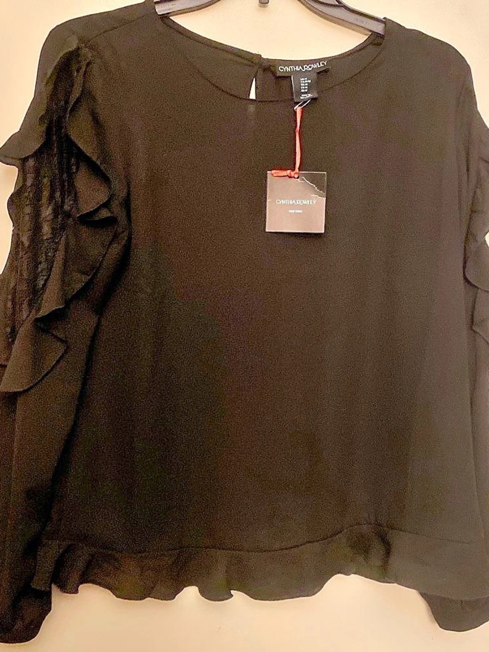 Cynthia Rowley Black Ruffle Sleeve Blouse Size Medium NWT